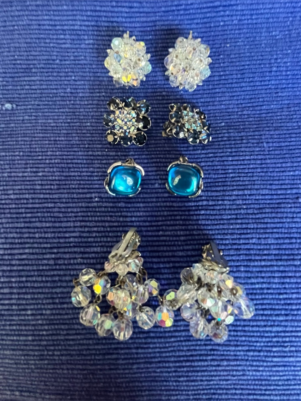 Vintage Sparkling Crystal and Blue Glass clip-on Earring Sets (4) Women Jewelry